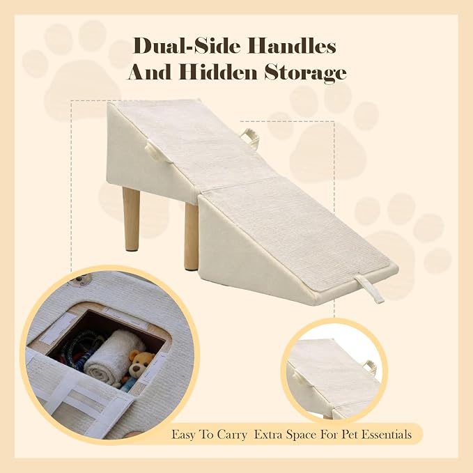 Split Ottoman Dog Ramp for Couch and Low Bed, 2-in-1 Foldable Dog Stairs for Small Dogs and Cats, Wooden Pet Ramp with Non-Slip Surface, Portable Step Stool Design, Off White