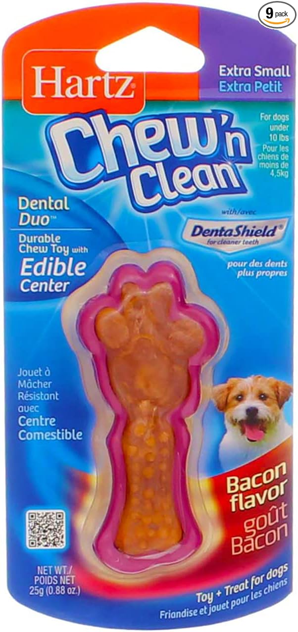 Hartz Chew N Clean Dental Duo Dog Chew Toy, Extra Small, Bacon Flavor (9 pack) (Bundle)