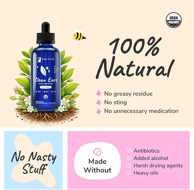kin+kind Clean Ears - Natural Leave-in, No-Rinse Dog Ear Cleaner Solution - USDA Organic, Non-Greasy - 4 fl oz