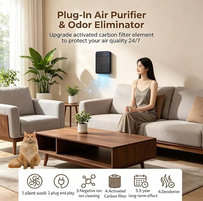 Cat Litter Deodorizer 99%- Plug In Air Purifier Catalyst Filter, Strong Pet Odor Eliminator for Litter Box, Toilet, Closet, Cabinet, Shoe, Garage(Black,1-Pack)