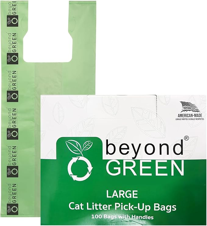 beyondGREEN Large Cat Litter Waste Bags with Handles, 100 Count – Green – 10" x 20" with 3.5" Gussets – Extra-Large, Strong Litter Clean-Up Bags