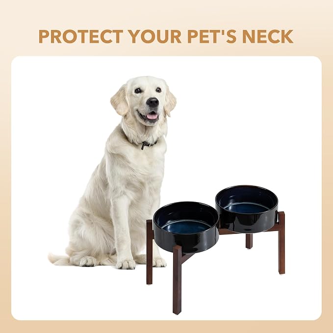 Havniva 8.2" Elevated Dog Bowls Ceramic Raised Dog Bowl with Non-Slip Stand (Acacia Wood) Weighted Dog Food & Water Bowl for Large Breed Dogs - 7.6 Cups 60 oz