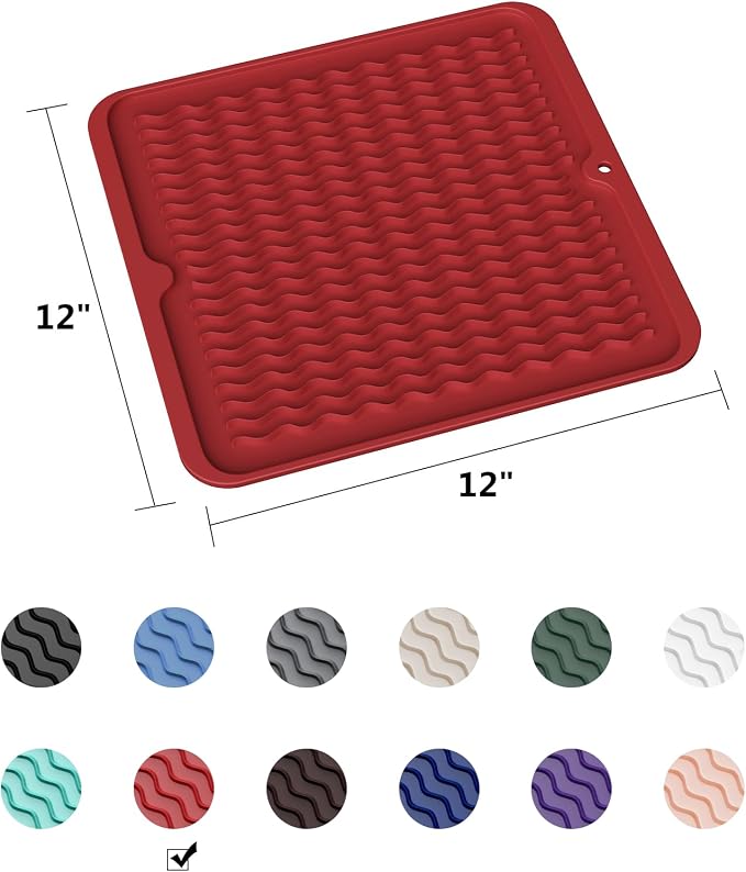 ZLR 4-in-1 Silicone Mat 12" x 12" / 305 x 306mm Square - Dish Drying Mat, Air Fryer Mat, Coffee Maker Pad & Heat Resistant Trivet (up to 450°F) - Non-Slip Food-Grade BPA-Free (Lava Red)