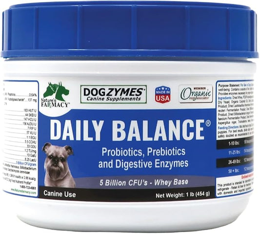 DOGZYMES Daily Balance Canine Supplement by Nature’s Farmacy – Probiotics + Prebiotics + Digestive Enzymes – 5 Billion CFUs – Whey Base – 1 lb (454 g)