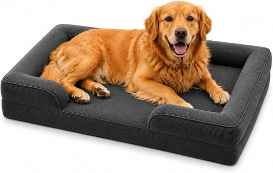 Gray Corduroy Orthopedic Dog Bed with Bolster – Memory Foam, Washable Removable Cover, Non-Slip Bottom (Medium)