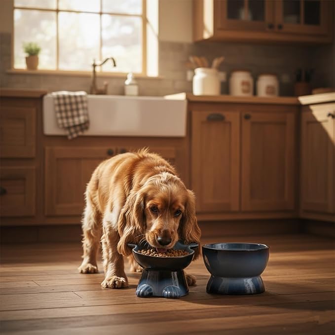 Nihow Dog Food & Water Bowl Set: Elevated Ceramic Bowls for Medium/Small Size Dogs - Food Safe Raised Puppy Bowls - Gray Pet Bowl for Protecting Pet's Spine (Set of 2)