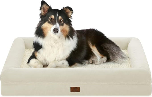 Large Orthopedic Dog Beds, Waterproof Dog Bed with Removable Cover, 4-Sides Bolster Support Pet Soft Sofa with Nonskid Bottom, Washable Pet Beds for Large Dogs, Beige