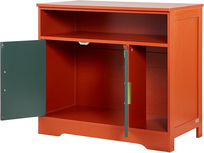 VEVOR Cat Litter Box Enclosure, 31 in Hidden Litter Box Cabinet with Shelf & Storage, Modern Style Indoor Cat Washroom, Wooden Kitty House Furniture End Table, Fit Most Litterboxes, Red & Green