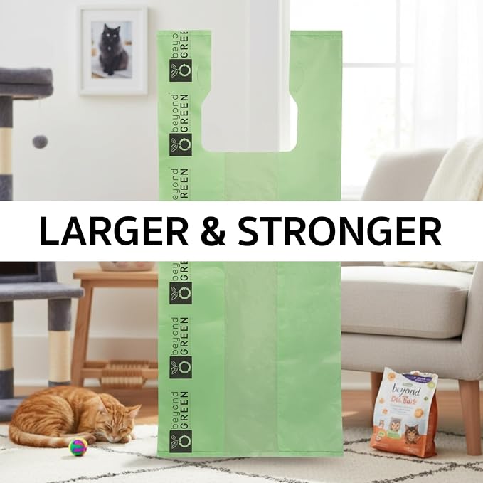 beyondGREEN Large Cat Litter Waste Bags with Handles, 100 Count – Green – 10" x 20" with 3.5" Gussets – Extra-Large, Strong Litter Clean-Up Bags