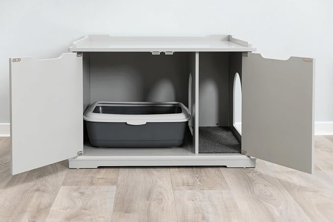 Trixie XL Furniture Litter Box Enclosure (Gray), Hidden Litter Box for Cats with Openings on Either Ends & Large Ventilations Slots, Double Doors for Easy Cleaning, Removable Divider
