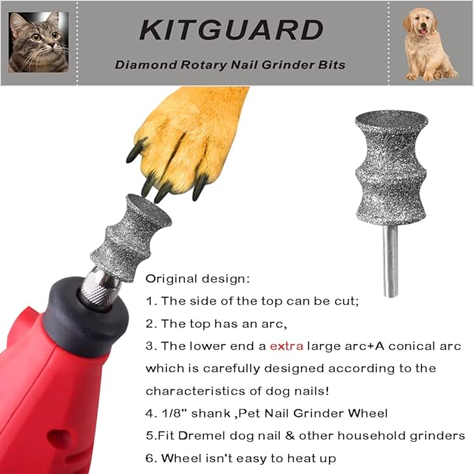 Diamond Dremel Dog Nail Grinder Bits for Rotary Tool-1/8'' Dremel Dog Nail Grinder Attachment-Pet Nail Grinder Bit Work for Animals Nail Care Large C 2P