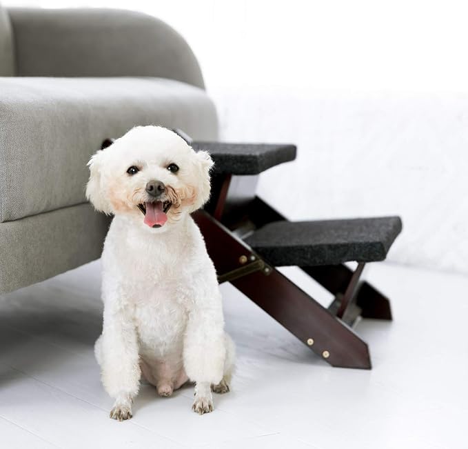 MEWANG Wooden Pet Stairs/Pet Steps - 2-in-1 Foldable Stairs & Ramp for Beds and Cars - Portable Dog/Cat Ladder Up to 220 Pounds - Great for Small and Older Animals(Brown) (17.3" L x 17.24" W x 13" H)