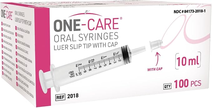 Pack of 100, ONE-CARE 10ml Oral Syringe with Cap, Latex-free, 100 Oral Dispensers - 10ml, Prolonged Slip Tip, Uses include oral administration of medicine for infants, adults and animals