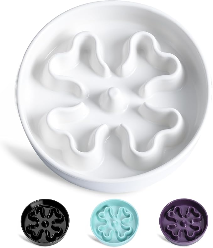 Slow Feeder,Ceramic-Slow Feeder Dog Bowls Medium Breed,Puzzle Food Bowl Maze,2.5 Cups Slow Feed Dog Bowl for Medium Dogs,Matte White