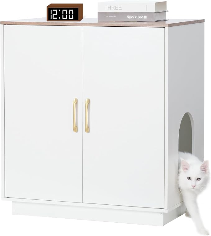 Gitelsnour Litter Box Enclosure, 30.9'' High Large Litter Box Furniture, Modern Cat Litter Box Enclosurewith Hidden Storage, Side Table, End Table, White and Brown GCLB003WWB