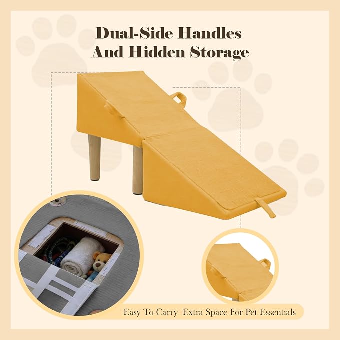 Split Ottoman Dog Ramp for Couch and Low Bed, 2-in-1 Foldable Dog Stairs for Small Dogs and Cats, Wooden Pet Ramp with Non-Slip Surface, Portable Step Stool Design, Orange