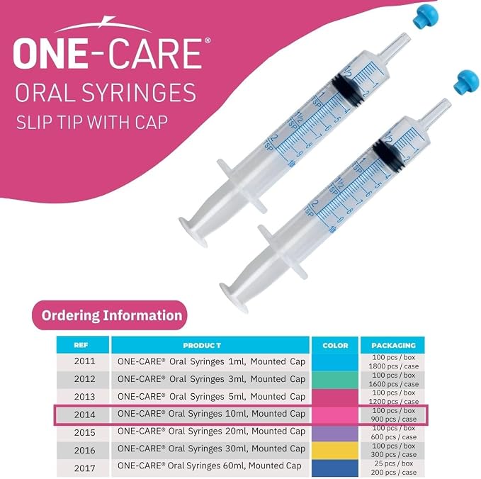 100 Pack, ONE-CARE 10ml Oral Syringe with Cap - Sterile, Individually Wrapped - (100 Syringes 10ml), Slip Tip, Uses include oral administration of medicine for infants, adults and animals