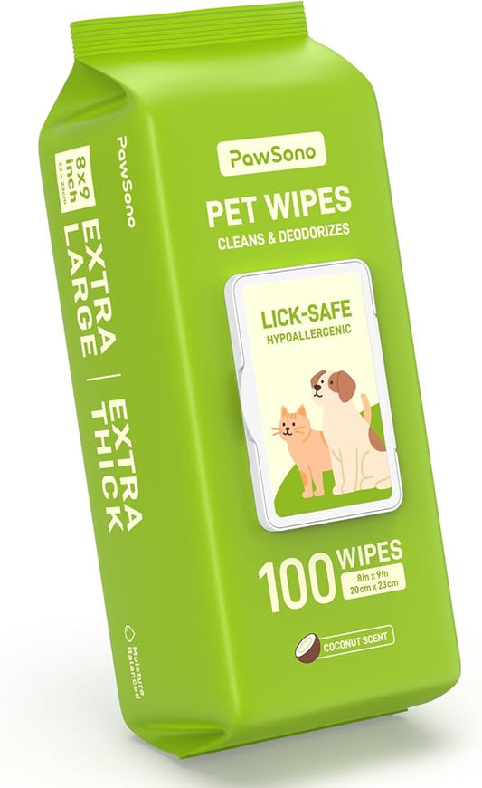 Hypoallergenic Pet Wipes for Dogs, Cats & Small Animals – Quick Clean & Deodorize Paws, Butt, Eyes, Face & Fur | Daily Grooming Wipes | Extra Large & Thick | Coconut Scented, 100 Count