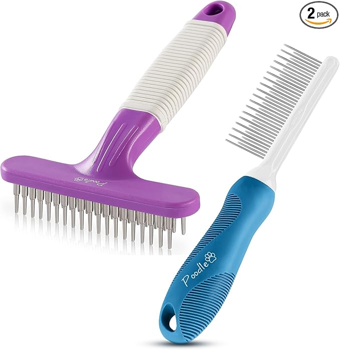Poodle Pet Bundle - Detangling Pet Comb for Removing Matted Fur, Knots, and Tangles + Dematting Fur Rake Comb Brush for Dogs and Cats