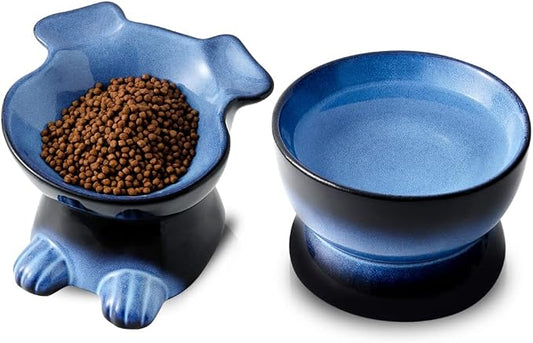 Nihow Dog Food & Water Bowl Set: Elevated Ceramic Dog Bowls for Medium/Small Size- Food Safe Raised Puppy Bowls - Vivid Blue Pet Bowl for Protecting Pet's Spine (Set of 2)
