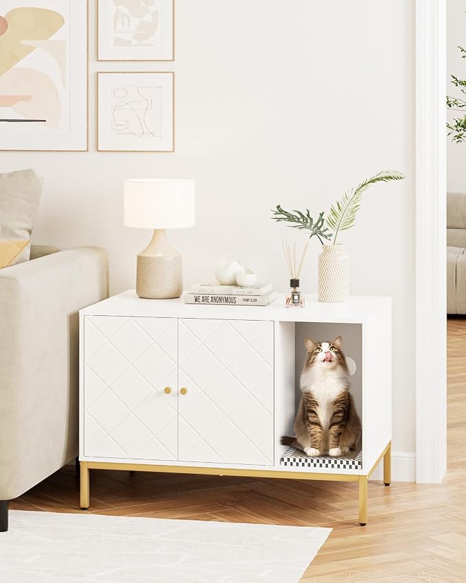 Cat Litter Box Enclosure, Modern Hidden Litter Box Furniture with Scratching Pad, Wooden Cat House Cabinet with Gold Metal Legs, Fit Most of Litter Box, White