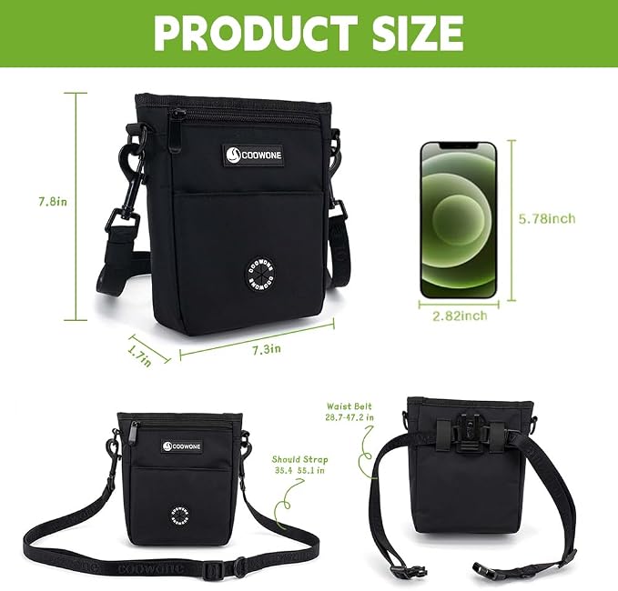 Dog Treat Pouch Pet Training Cross Body Bag, Magnetic Closure Dog Walking Fanny Pack Built-in Poop Bag Dispenser, Adjustable Shoulder Strap (Dog Leash) and Waist Belt (Dog Collar)