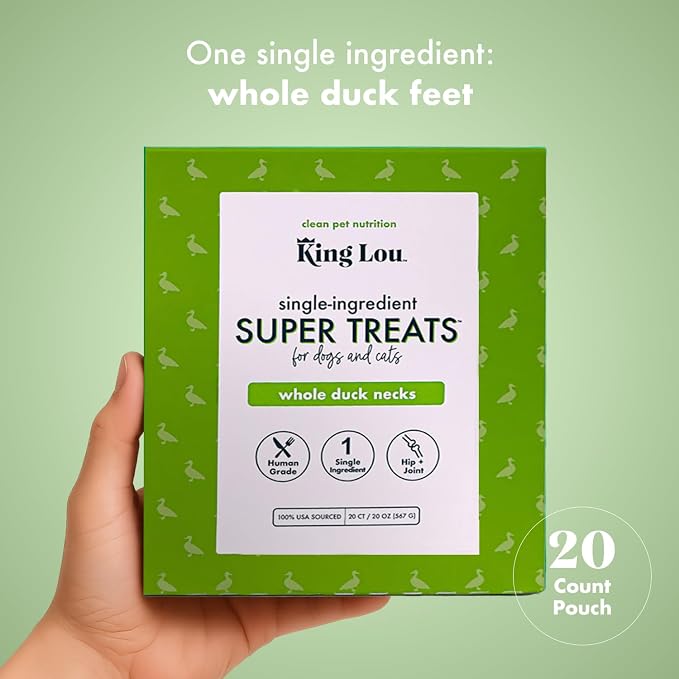 King Lou Pets - Whole Duck Necks for Dogs & Cats - Dehydrated Dog Treats - USA-Made Dental Chews for Dogs - Protein-Rich Collagen Snacks, 20 Count