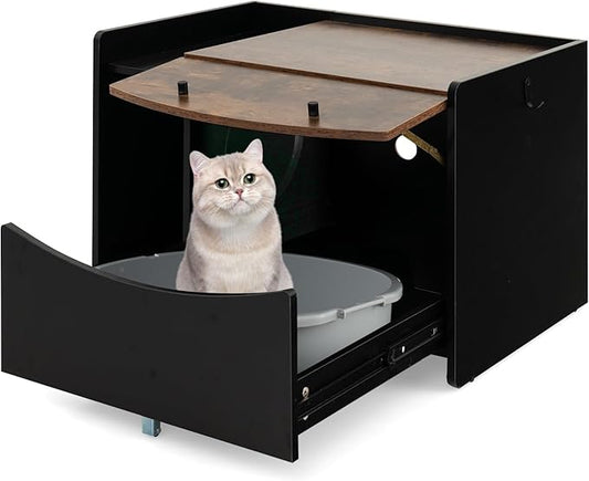 PETSITE Cat Litter Box Enclosure w/Pull-Out Drawer, Hidden Cat Washroom Furniture w/Flip Door, Rolling Caster, Indoor Cat House for Small to Large Sized Cats, Wooden Pet House Side Cabinet