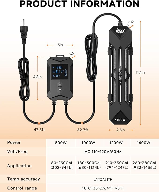 AQQA Aquarium Heater 800W/1000W/1200W/1400W Fish Tank Heater with LED Digital Display 110-120V Submersible No Pond Heaters with Overheat & Dry-Out Protection for Freshwater & Saltwater Tanks (800W)