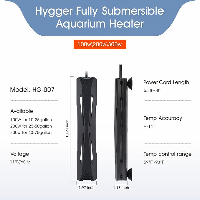 hygger Submersible Aquarium Heater with External Controller & LED Display - 200W Fully Submerged Fish Tank Heater for Freshwater Saltwater - for 25 to 50 Gallon Tanks
