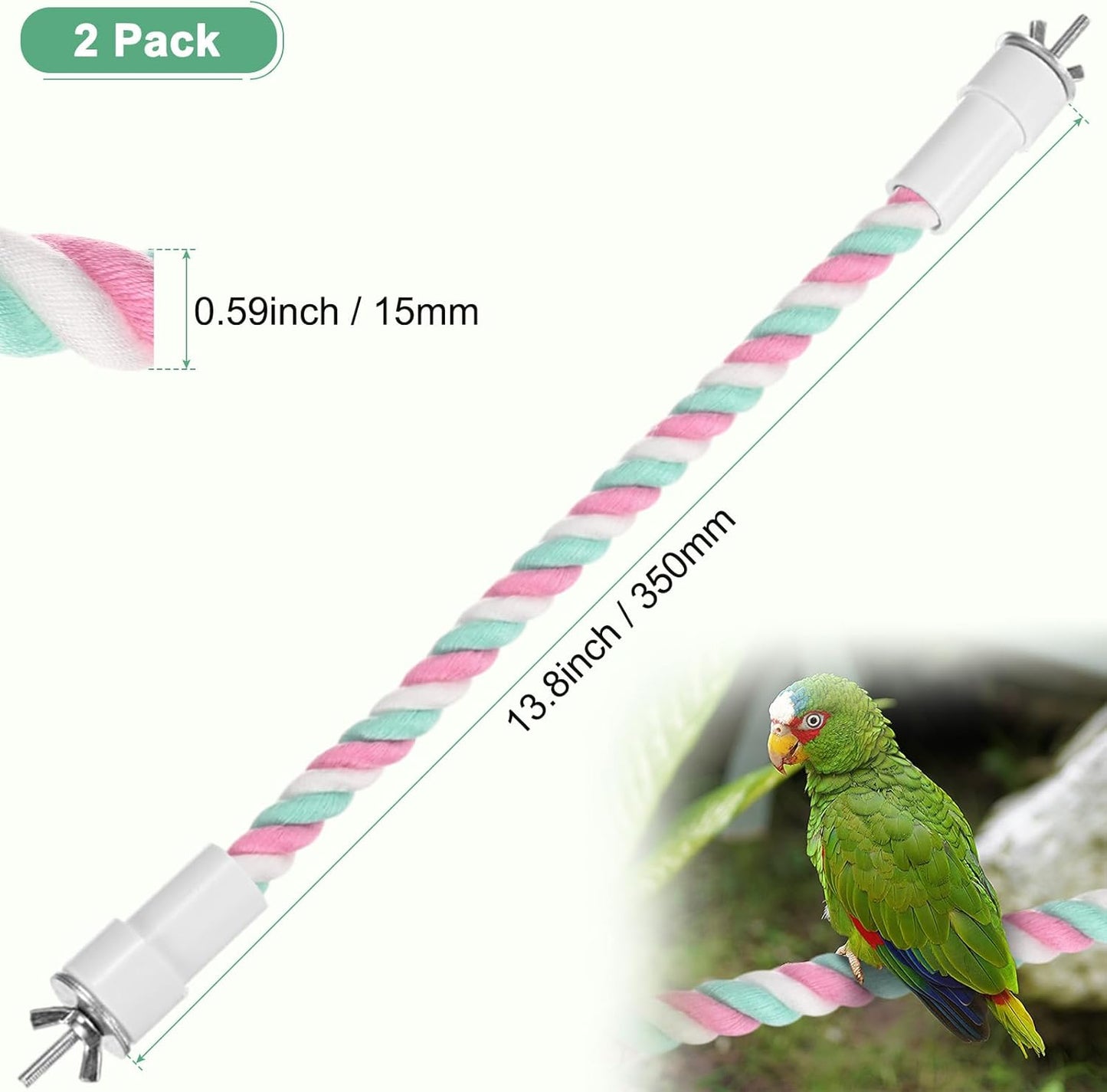 2-Pack Rope Perches for Bird Cages, 13.8 in Length Comfort Grip Flexible Rope Perch Beak & Paw Grinding for Parrots/Cockatiels/Parakeets, Bird Platform Sand [Pink Cyan]