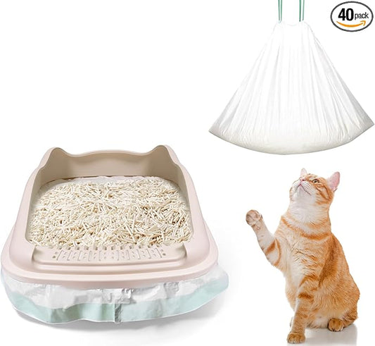 40 Count Jumbo Cat Litter Box Liners - 2 Mil Thick & Claw Resistant, 37"x18" Drawstring Bags for Deep Pans, Leakproof & Tear Proof Heavy Duty Liners