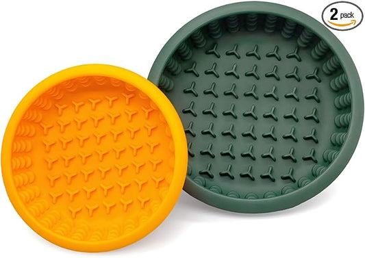 Dog Lick Bowl 2PCS, Silicone Lick mat with Non-Slip Suction Base, Freeze-Friendly Slow Feeder Bowl for Dog Enrichment, Small Orange & Medium Dark Green (5.7" x 1.95" & 6.9" x 2.35")