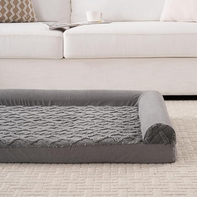 Dog Bed, L-Shaped Plush Sofa with Bolster, Memory Foam Pet Bed, Machine Washable Cover, for All Dog and cat Breeds (Dark Gray, 48" x 35" x 6.5")