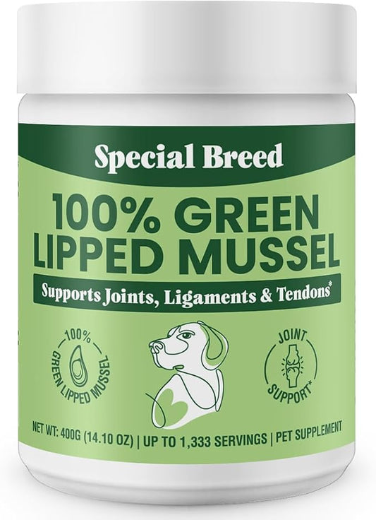 Special Breed Green Lipped Mussel Powder for Dogs & Cats - 100% New Zealand Green Lipped Mussels - Natural Hip & Joint Supplement for Joints, Tendons, Ligaments, Muscles - 400 Grams - 1,333 Servings