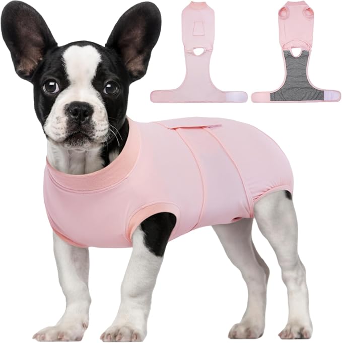 Kuoser Dog Recovery Suit for Dogs After Surgery, Soft Dog Surgical Onesie for Female Male Dogs Spay Neuter, Anti-Licking Pet Bodysuit for Abdominal Wounds, Skin Disease, E-Collar Alternative, Pink XS