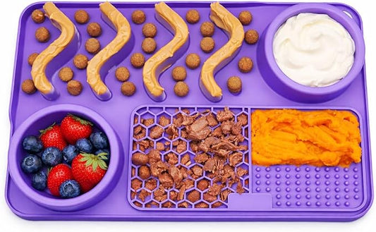 Silicone Dog Feeding Mat with Slow Feeder & Lick Pad for Dogs & Cats – Non-Slip Spill Proof Pet Feeding Mat with Bowl Holder – Dishwasher Safe BPA-Free Silicone – 12 x 8 Inch Purple