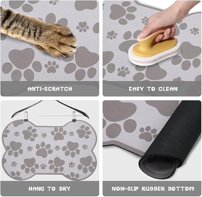 Dog Food Mats for Floors Waterproof, Pet Feeding Absorbent Water Bowl Mat Cat Placemats Gray Bone Shape 25.5 * 17 inch