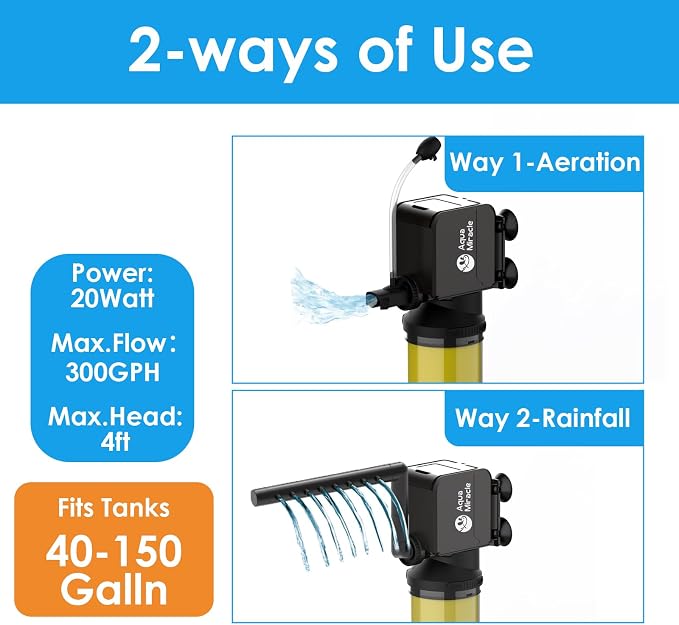 AquaMiracle Aquarium Filter for 40-150 Gallon Aquariums, Fish Tank Filters Turtle Filter Internal Power Filter 3-Stage Filtration with Aeration/Rainfall Modes Flow Rate and Direction Adjustable