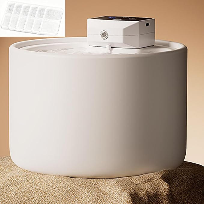 Cordless Ceramic Cat Water Fountain: 101.45oz/3L with 7 Filters Automatic Super Silent Intelligent Sensor Pet Drinking Dispenser with 2500mAh Battery Dog Water Bowl Dispenser (White)