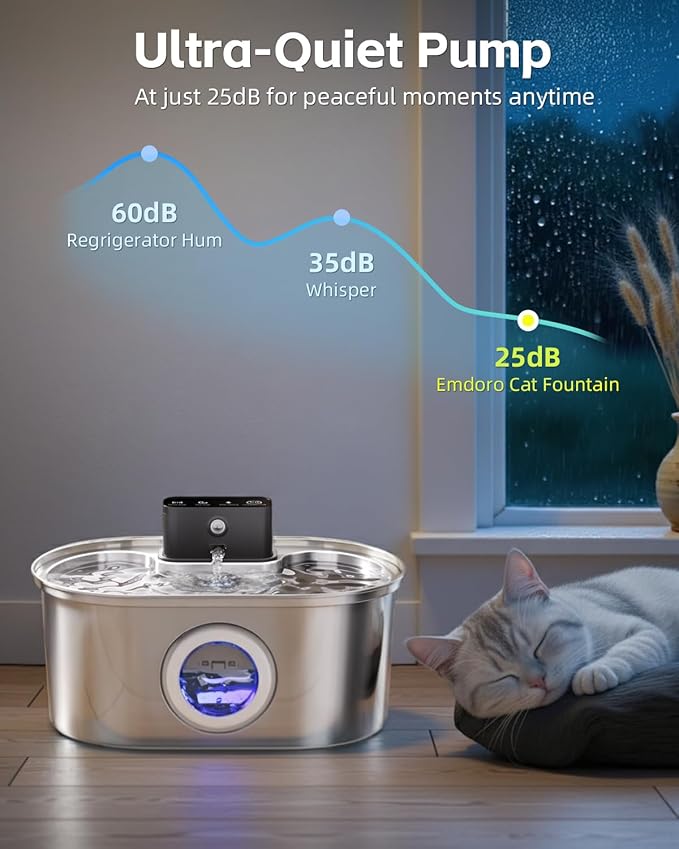 Wireless Cat Water Fountain Stainless Steel, Pet Drinking Fountain Cordless – 3.2L/108oz Battery Operated Automatic Water Dispenser for Cats Indoor, with Motion Sensor & Quiet Pump (1 Filter)