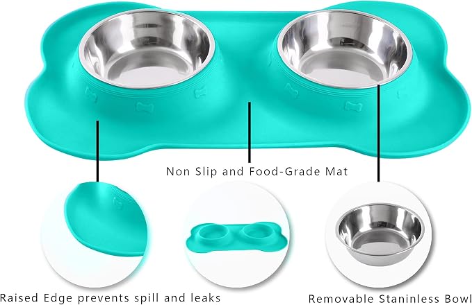 Hubulk Pet Dog Bowls 2 Stainless Steel Dog Bowl with No Spill Non-Skid Silicone Mat + Pet Food Scoop Water and Food Feeder Bowls for Feeding Small Medium Large Dogs Cats Puppies (Large, Mint Green)