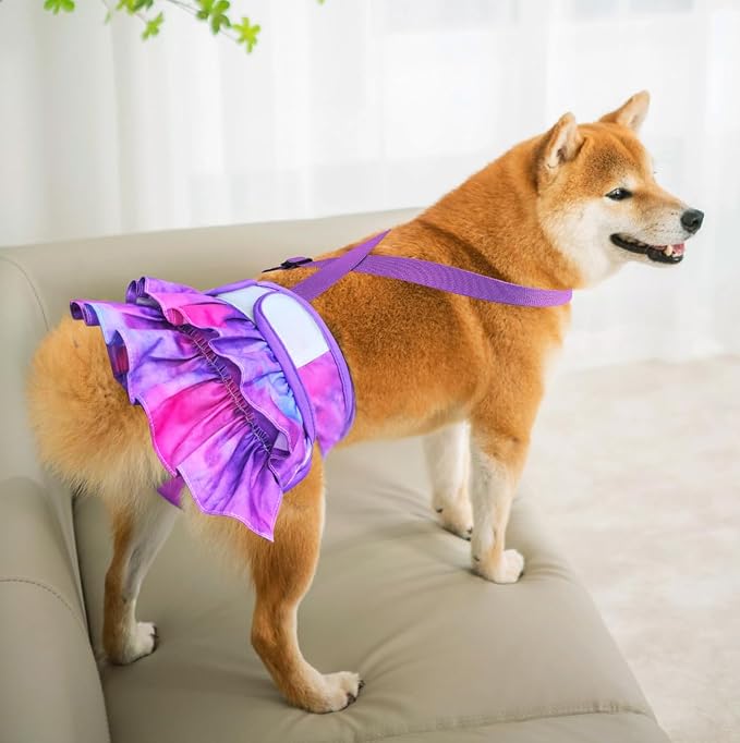 Idepet Female Dog Diapers with Suspender Detachable, 3 Pack Tie Dye Washable Reusable Girl Doggie Diapers Skirts for Small Medium Female Dog in Heat Period Cycle Urinary Incontinence Training XL