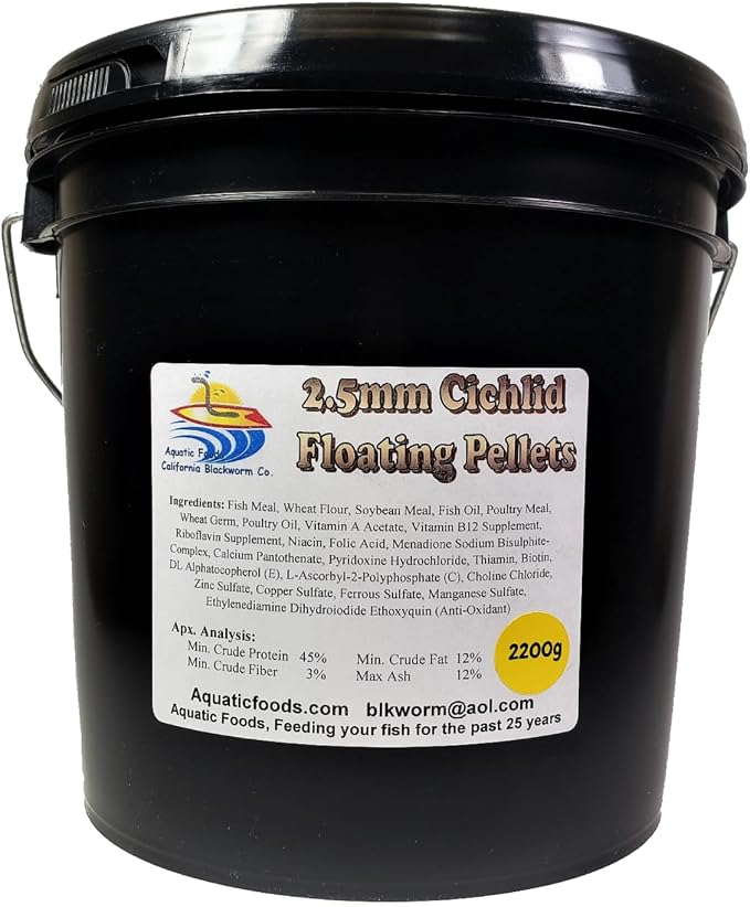 2.5mm-APX 1/16/3/64" Cichlid Floating Pellets, for Small Cichlids, All Small Tropical Fish and All Small Koi Fish & Pond Fish - 3.4-lbs Bucket