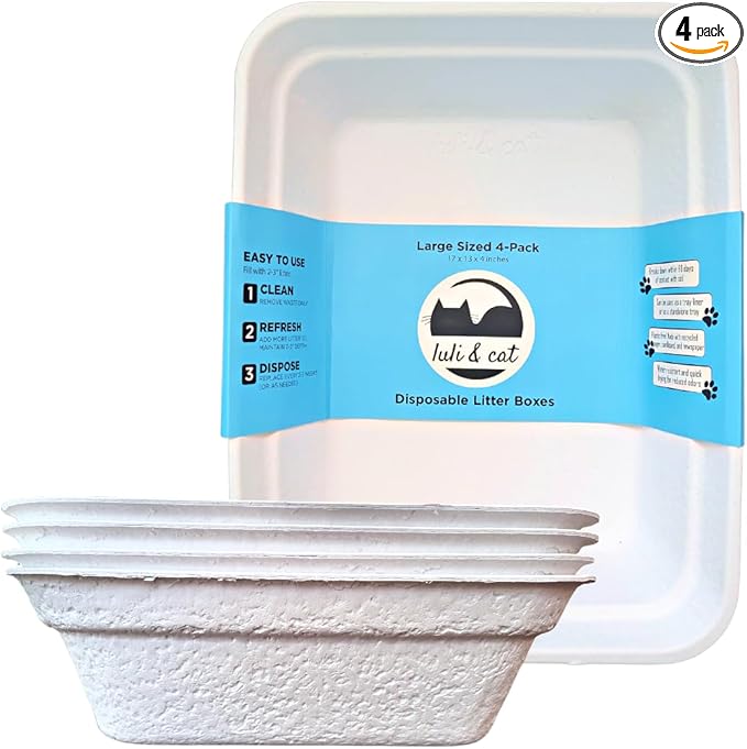 Luli & Cat Disposable Litter Boxes for Cats | Large Sized White Colored 4-Pack | Durable and Water Resistant