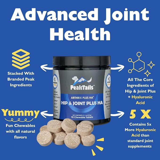 KALA HEALTH PeakTails Hip & Joint Plus HA for Dogs – 90 Tablets, Glucosamine, Chondroitin, OptiMSM, Vitamin C & Hyaluronic Acid – Supports Joint Mobility & Comfort