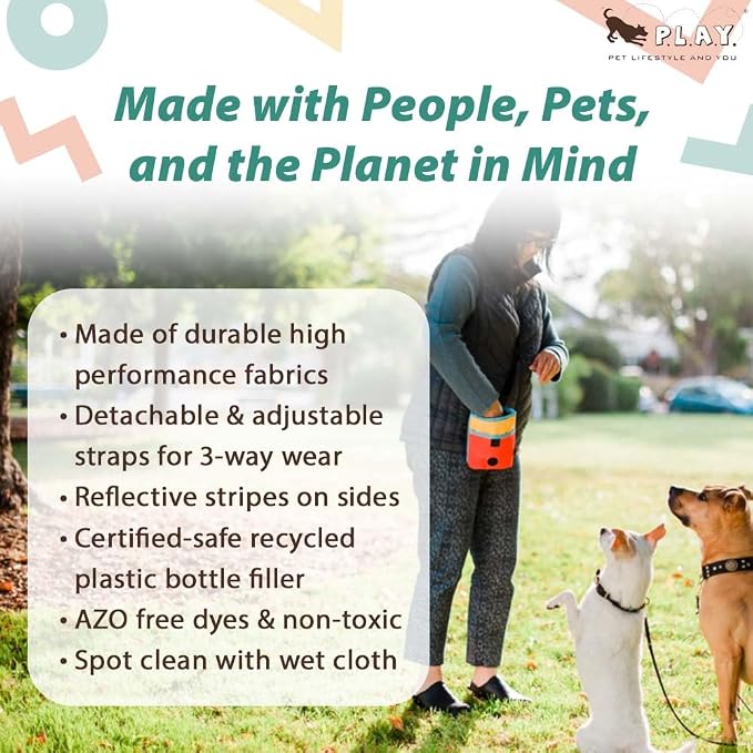 P.L.A.Y. Scout & About Deluxe Training Treat Pouch with Poop Bag Dispenser - 3 Way Wear, Detachable & Adjustable Strap, Reflective Strips, Water-Resistant Back Zipper Pocket, Squeaker (River)