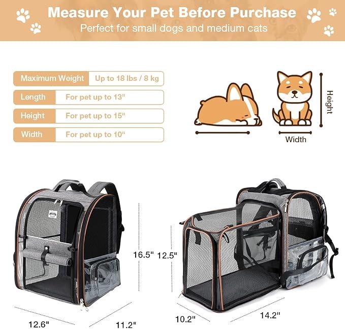 Clear Pet Backpack Expandable Cat Backpack Carrier Pet Carrier Backpack for Small Medium Dogs Cats fit up to 18lbs