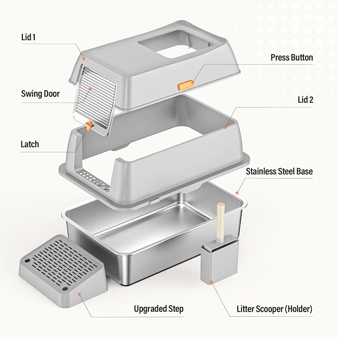 Stainless Steel Cat Litter Box with Scoop, Metal Litter Box High Sided, Cat Litter Box Enclosure, XL Extra Large High-Sided Litter Boxs (Anti-Urine Leakage, Include Scoop) (Grey)