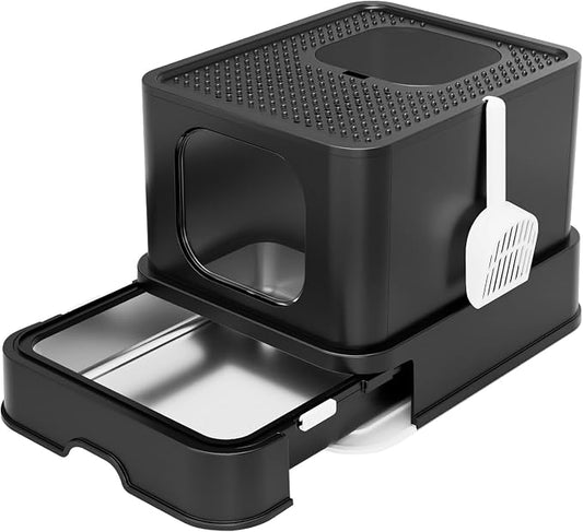 RIZZARI Stainless Steel Cat Box: All Black Large Capacity Enclosed Litter Pan with High Walls - Non-Stick Teflon Coating & Leak-Proof Drawer - Odor Control - Perfect for Living Room Balcony